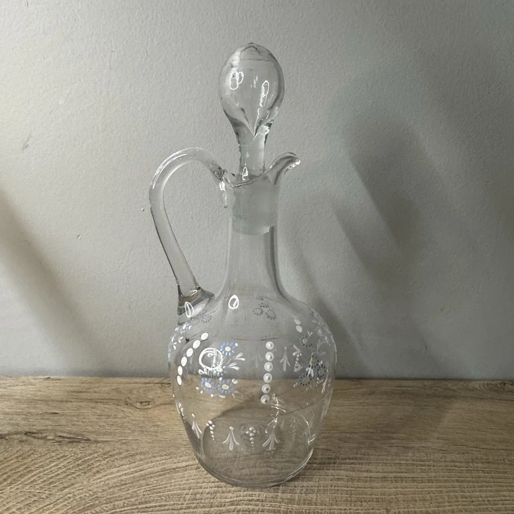 Vintage Clear Glass‎ Decanter Jug Ewer Hand Painted Floral Enamel Stopper MCM